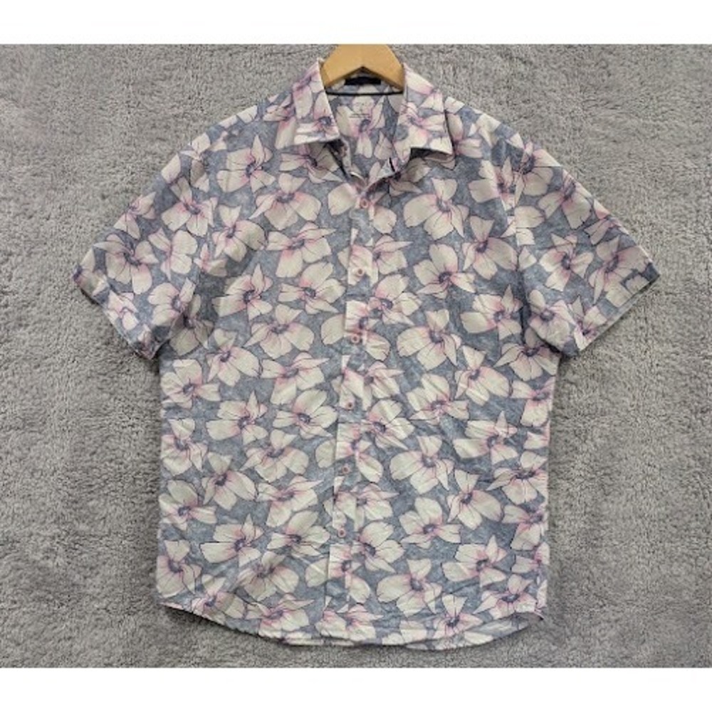 Age of Wisdom Shirt Men's Size Large‎ Blue Floral Short Sleeve Button-Up Soft